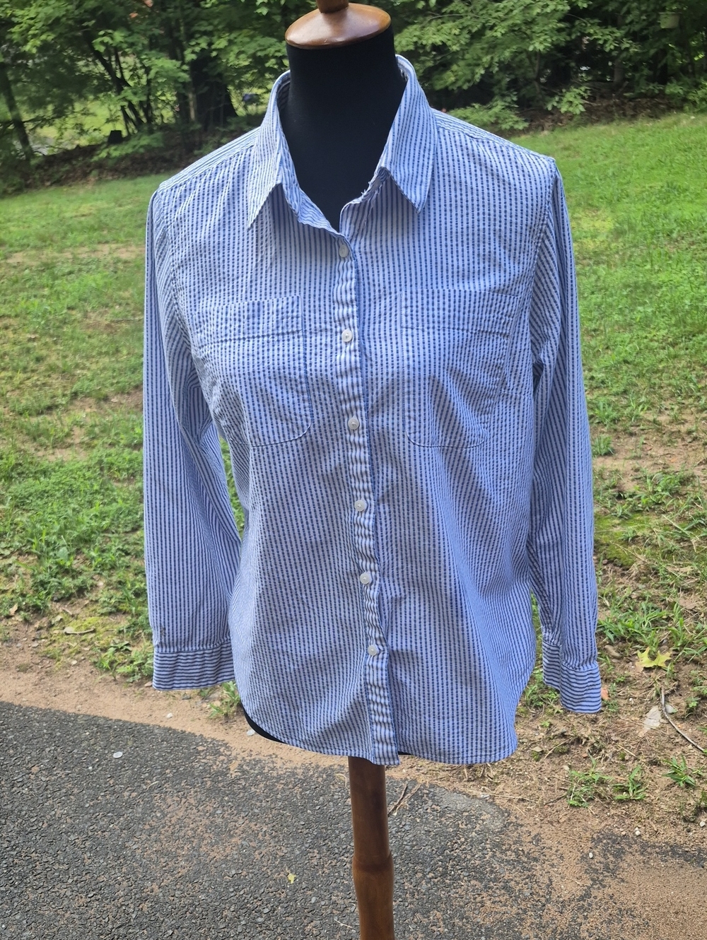L.L. Bean Meduim Petite Blue and White Striped Button Up Long Sleeves Shrit.
